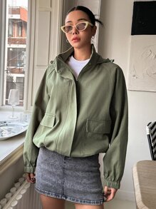 DAZY Áo khoác trùm đầu tay Raglan viền rút dây mùa đông - xanh quân đội - Xem 4