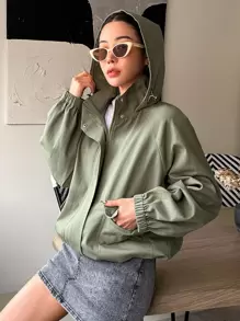 DAZY Áo khoác trùm đầu tay Raglan viền rút dây mùa đông - xanh quân đội - Xem 7