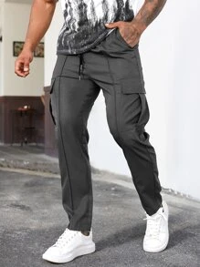 Manfinity Homme Men Flap Pocket Drawstring Waist Cargo Trousers - Grey - View 5