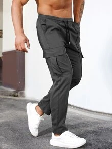 Manfinity Homme Men Flap Pocket Drawstring Waist Cargo Trousers - Grey - View 8