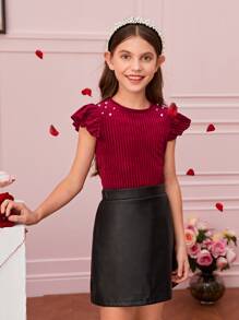 SHEIN Girls 1pc Pearl Beaded Ruffle Trim Velvet Blouse - Burgundy - View 3