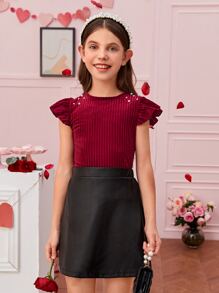 SHEIN Girls 1pc Pearl Beaded Ruffle Trim Velvet Blouse - Burgundy - View 4