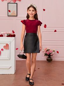 SHEIN Girls 1pc Pearl Beaded Ruffle Trim Velvet Blouse - Burgundy - View 5