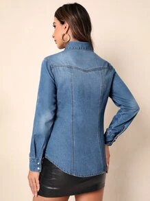 SHEIN Essnce Roll Tab Sleeve Flap Pocket Denim Shirt - Medium Wash - View 2