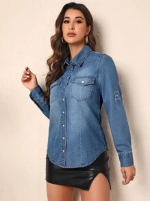 SHEIN Essnce Roll Tab Sleeve Flap Pocket Denim Shirt - Medium Wash - View 4