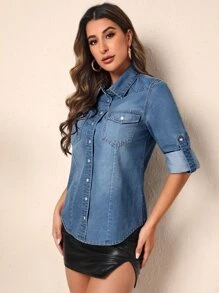SHEIN Essnce Roll Tab Sleeve Flap Pocket Denim Shirt - Medium Wash - View 5