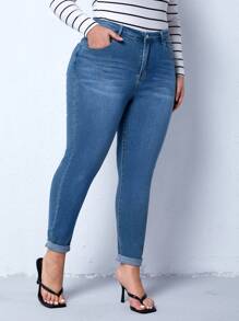 Plus High Waist Skinny Jeans - Medium Wash - View 3