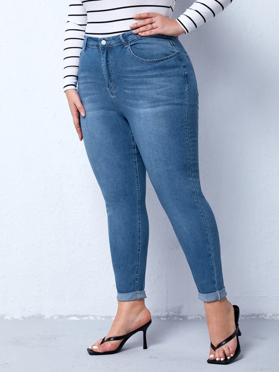 Plus High Waist Skinny Jeans - Medium Wash - View 1