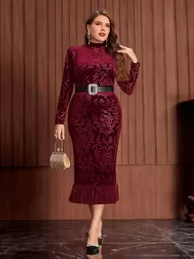 Modelyn Plus Floral Pattern Fringe Flannelette Dress Without Belt - Maroon - View 1