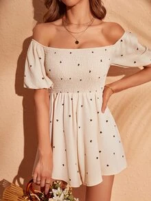 SHEIN VCAY 愛心圖案一字肩上身打攬連身短褲 - 杏色 - 查看 5