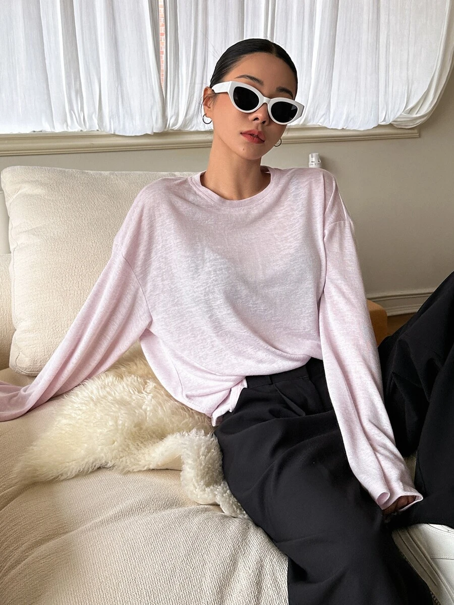 DAZY Áo thun nữ màu trơn Giải trí - Màu Hồng baby - Xem 1