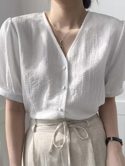 FRIFUL Solid Color Puff Sleeve Shirt