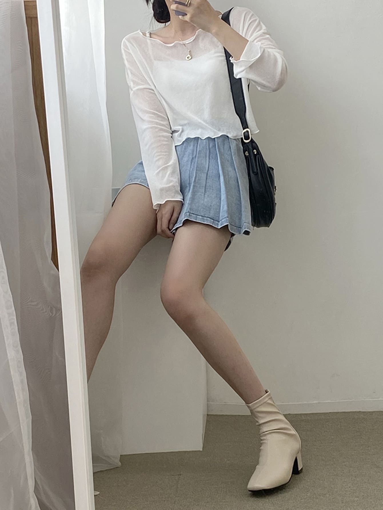 Solid Drop Shoulder Lettuce Trim Sheer Top Without Cami Top