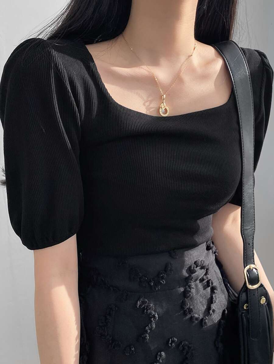 DAZY 方領泡泡袖條紋針織T恤 - 黑色 - 查看 1