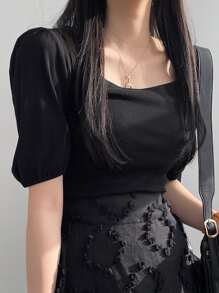 DAZY 方領泡泡袖條紋針織T恤 - 黑色 - 查看 3