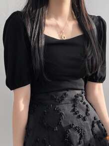 DAZY 方領泡泡袖條紋針織T恤 - 黑色 - 查看 5