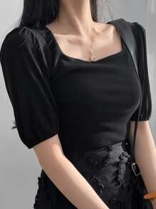 DAZY 方領泡泡袖條紋針織T恤 - 黑色 - 查看 6