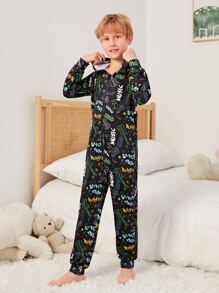 男孩字母和卡通圖案連帽連體睡衣