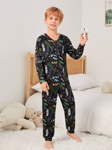 男孩字母和卡通圖案連帽連體睡衣