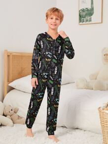 男孩字母和卡通圖案連帽連體睡衣