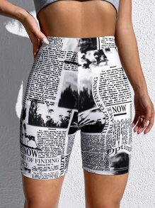 SHEIN EZwear 報紙印花騎行褲