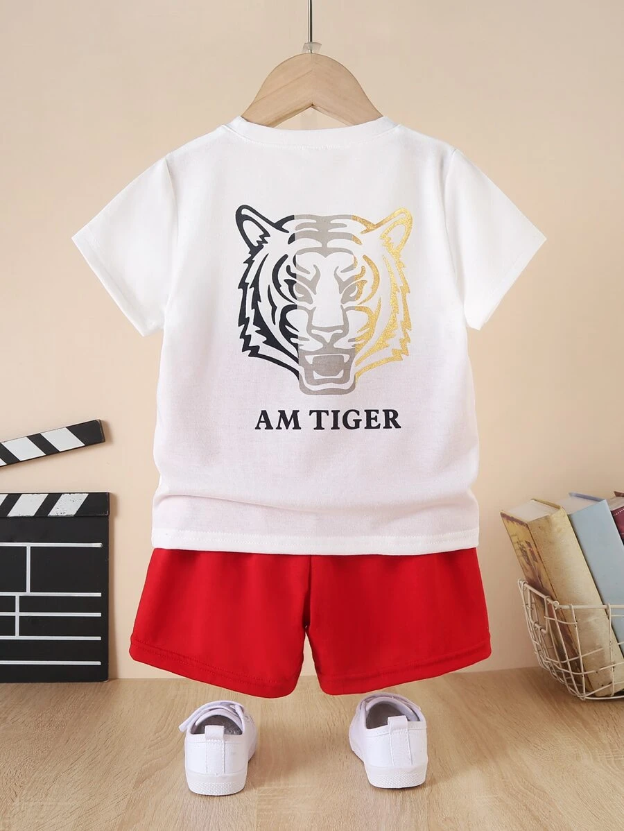 SHEIN Toddler Boys Letter & Tiger Print Tee & Bow Front Shorts - Red and White - View 1