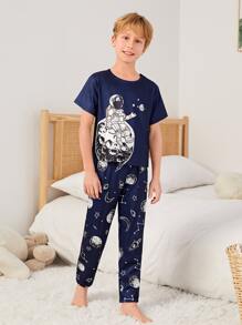 Boys Astronaut & Planet Print PJ Set - Navy Blue - View 1