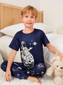 Boys Astronaut & Planet Print PJ Set - Navy Blue - View 2