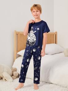 Boys Astronaut & Planet Print PJ Set - Navy Blue - View 5