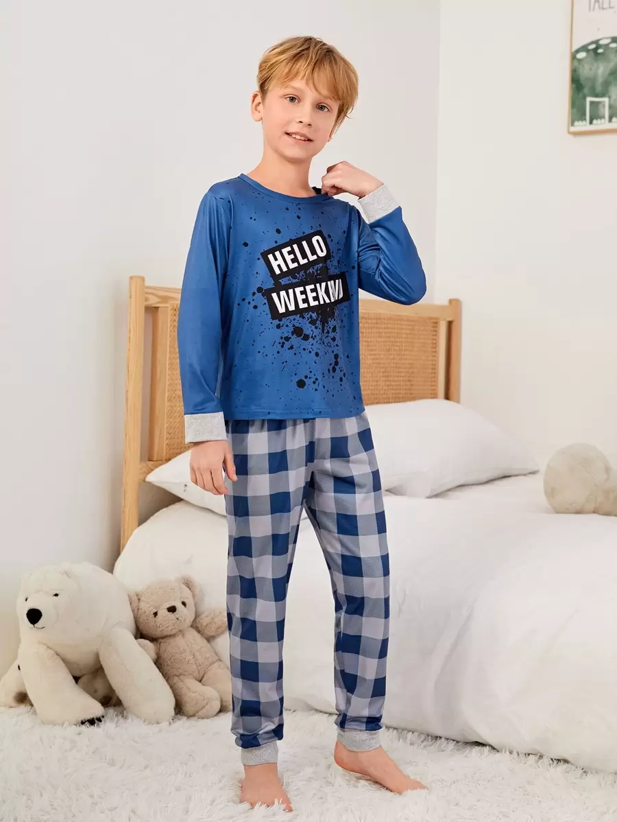 Boys Slogan & Gingham Print PJ Set - Multicolor - View 1