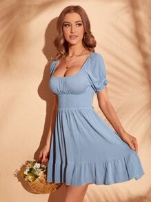 SHEIN VCAY Square Neck Shirred Waist Ruffle Hem Dress - Blue - View 3