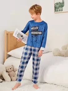 Boys Slogan & Gingham Print PJ Set - Multicolor - View 3