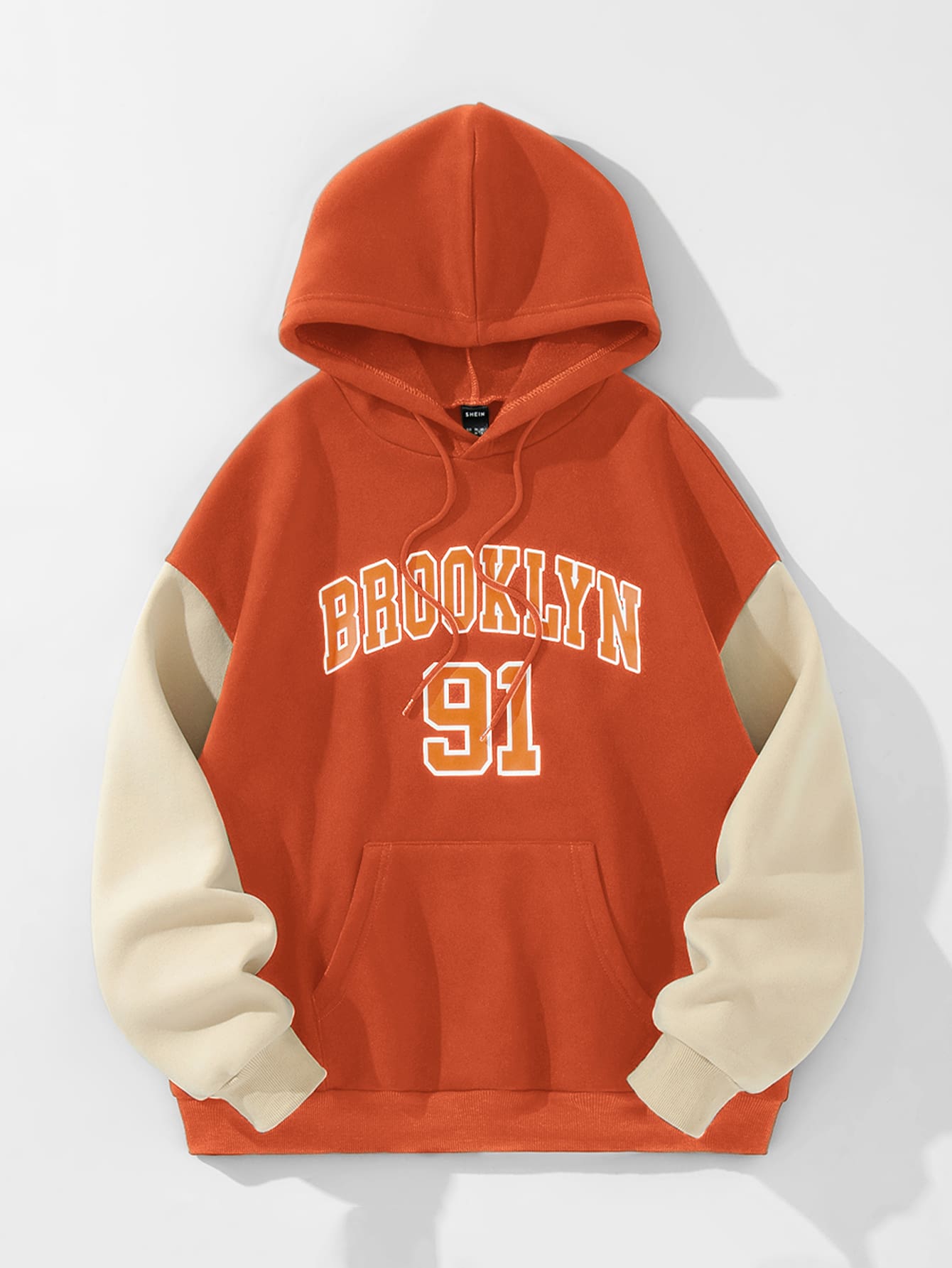 SHEIN Unity Letter Graphic Colourblock Kangaroo Pocket Drop Shoulder Thermal Hoodie - Burnt Orange - View 1