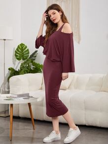 Seusyu Conjunto de 2 piezas: Top de manga de murciélago y vestido ajustado de bajo dividido - Púrpura malva - Ver 1