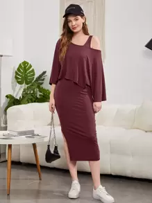 Seusyu Conjunto de 2 piezas: Top de manga de murciélago y vestido ajustado de bajo dividido - Púrpura malva - Ver 3