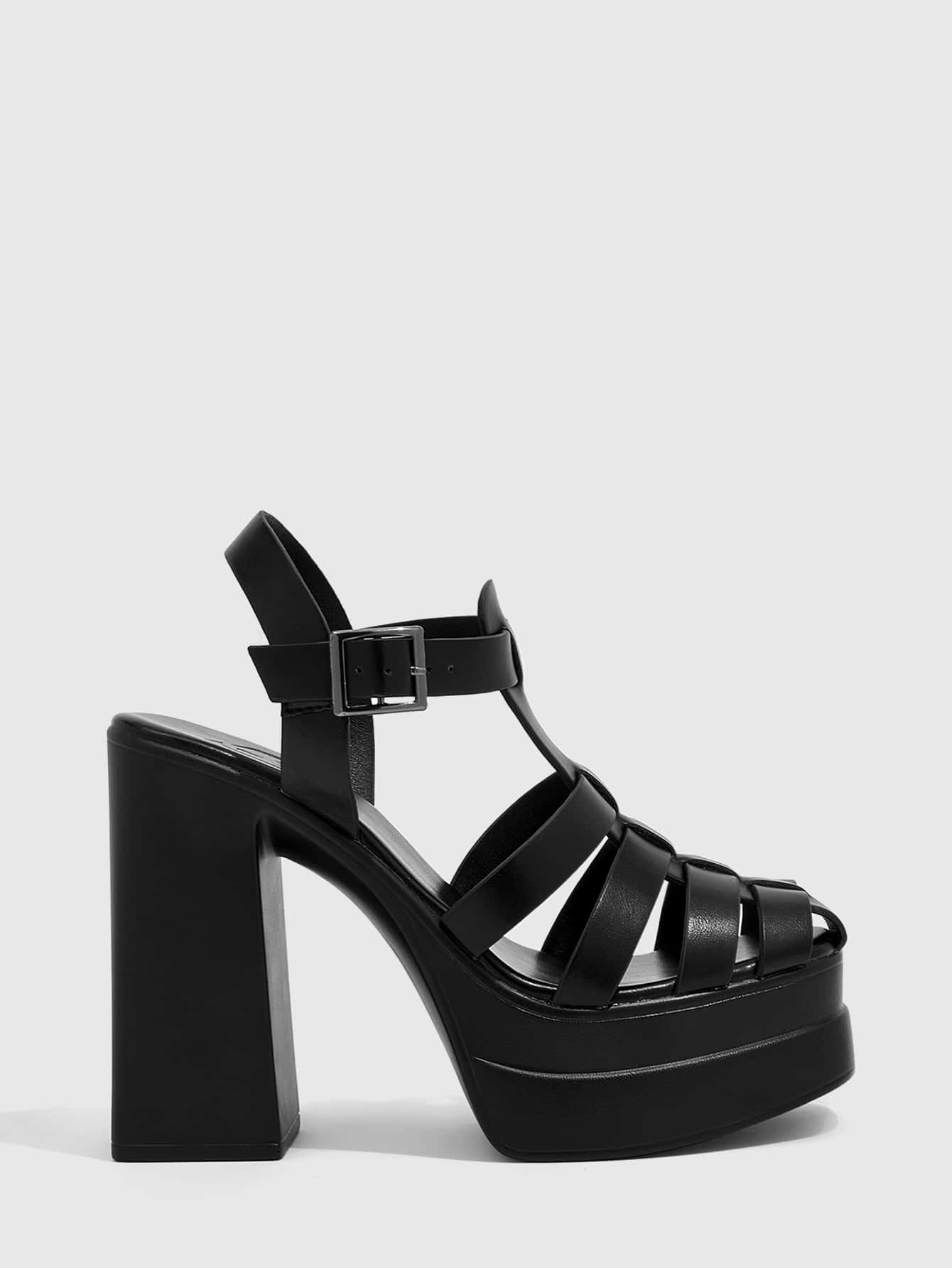 Cuccoo Sandalias de gladiador de tacón grueso con plataforma recortada para mujer, Sandalias de tacón negras de moda - Negro - Añade 3
