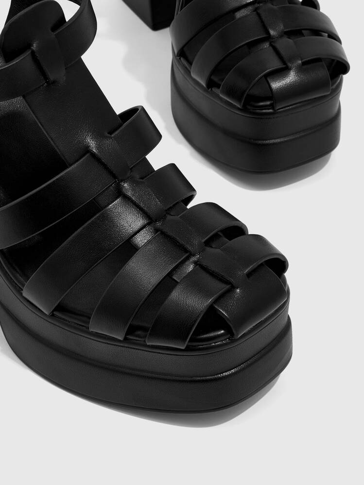 Cuccoo Sandalias de gladiador de tacón grueso con plataforma recortada para mujer, Sandalias de tacón negras de moda - Negro - Añade 4