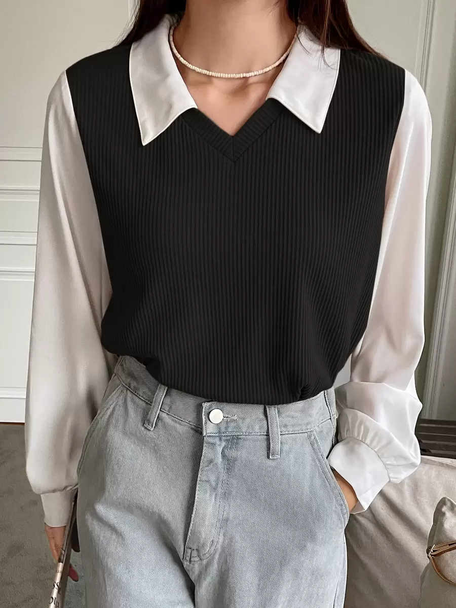 DAZY Colourblock Lantern Sleeve 2 In 1 Top - Black - View 1