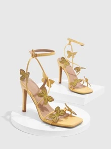 CUCCOO SZL Butterfly Decor Stiletto Heeled Ankle Strap Sandals - Yellow - View 5