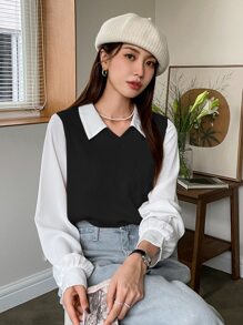 DAZY Colourblock Lantern Sleeve 2 In 1 Top - Black - View 3