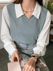 DAZY 拼色长袖商务休闲衬衫，秋季女装