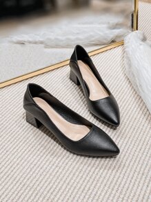 Minimalist Point Toe Chunky Heeled Court Pumps - Black - View 2