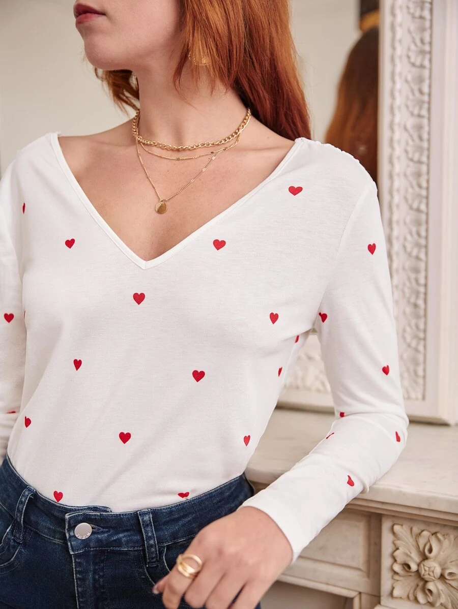 SHEIN Frenchy Heart Print V Neck Tee - White - View 1
