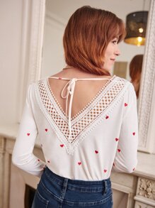 SHEIN Frenchy Heart Print V Neck Tee - White - View 2