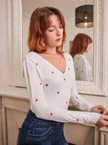 SHEIN Frenchy Heart Print V Neck Tee - White - View 3