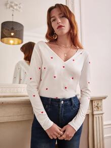SHEIN Frenchy Heart Print V Neck Tee - White - View 4