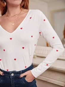 SHEIN Frenchy Heart Print V Neck Tee - White - View 6