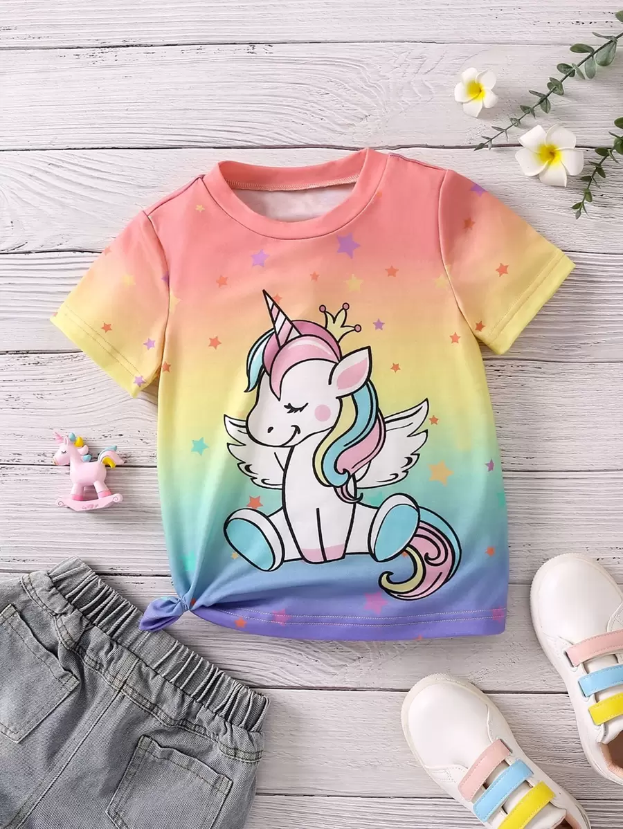 SHEIN 女小童卡通漸變色休閒可愛獨角獸T恤適合夏天,常規袖,圓領 - 彩色 - 查看 1