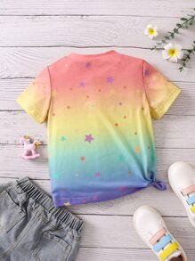 SHEIN 女小童卡通漸變色休閒可愛獨角獸T恤適合夏天,常規袖,圓領 - 彩色 - 查看 2