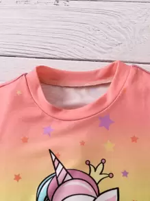 SHEIN 女小童卡通漸變色休閒可愛獨角獸T恤適合夏天,常規袖,圓領 - 彩色 - 查看 4